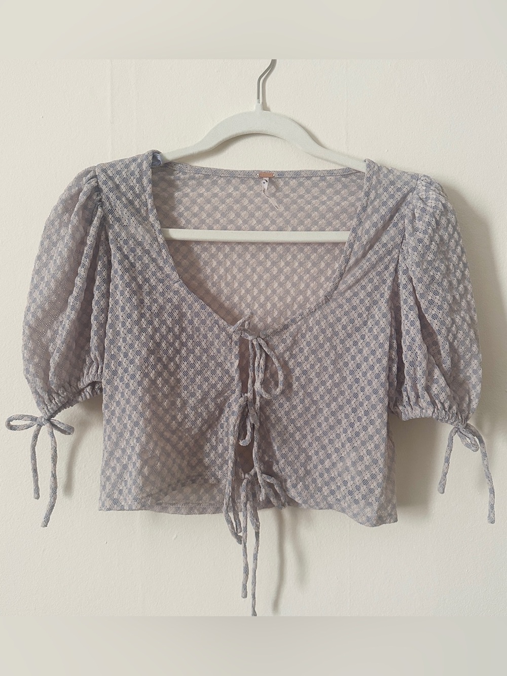 Free People Gray Checkered Puff Sleeve Blouse